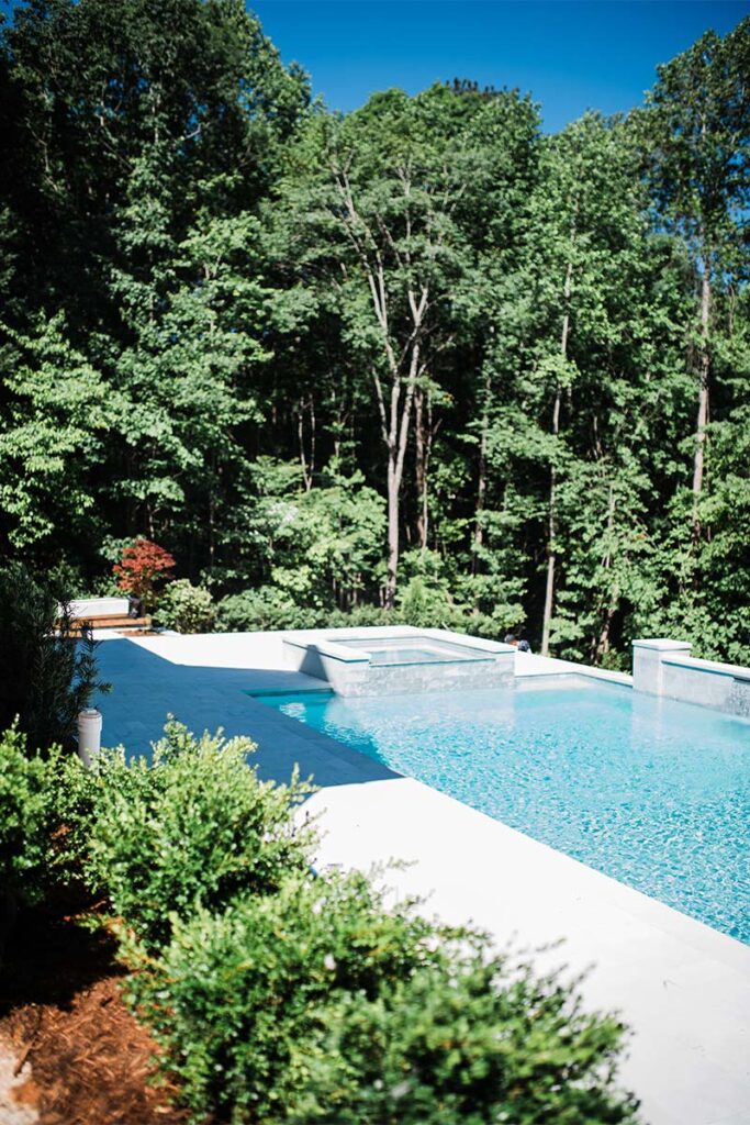 Zoomed view of Formal Cary luxury pool with shrubs in the foreground and concrete pool in the background
