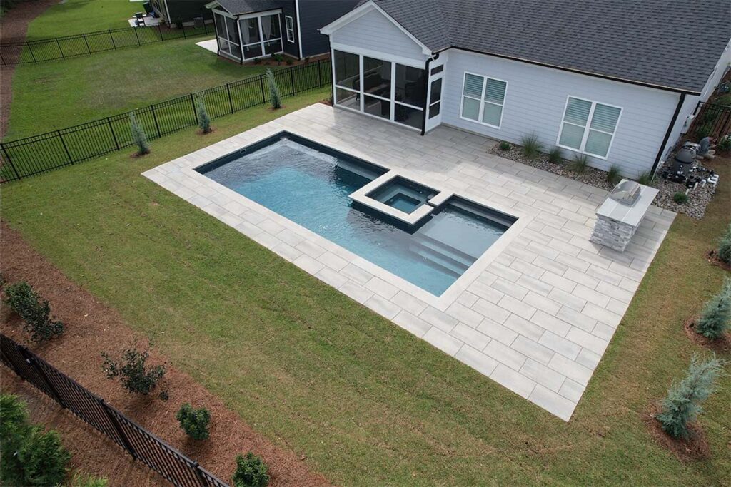 Aerial view of Fiberglass Apex with spill over spa and outdoor grill